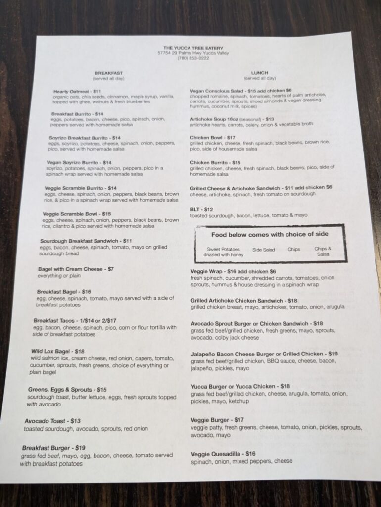 The Yucca Tree Eatery Menu 1